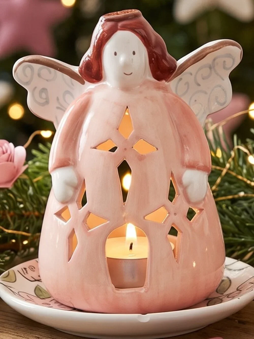 🕯️👼🏻Retro Angel Tea Light Holder 🎄Farmhouse Decor Boho Candle Love Coral